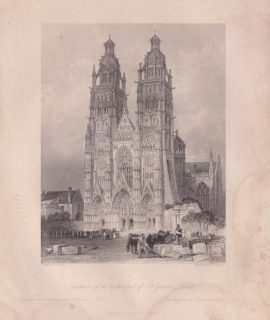Antique Engraving Print, Exterior of the Cathedral of St. Gatien