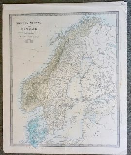 Antique Map, Sweden, Norway and Denmark, 1850 ca.