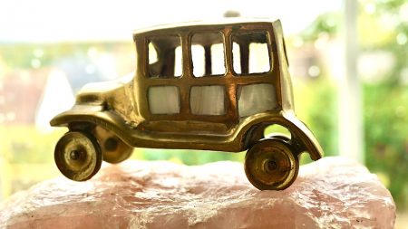Vintage Handmade Brass Car Miniature with Mother of Pearl