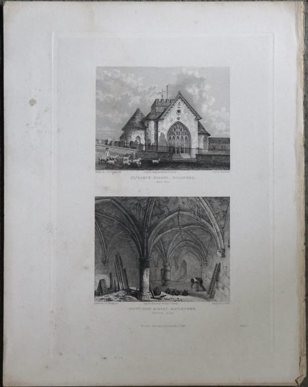 Antique Engraving Print, St. Mary's Church Guildford; Crypt, Hight Street, Guilford, 1840