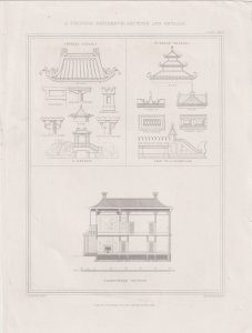 Antique Engraving Print, A Chinese Residence, section and Details, 1840 ca.