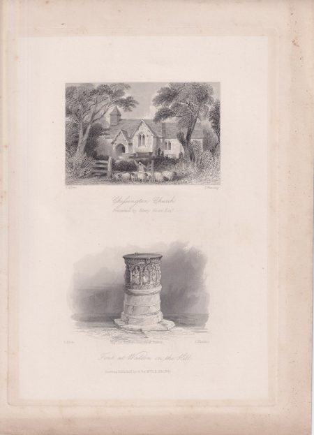 Antique Engraving Print, Chessington Church; Font at Watton on the Hill, 1845