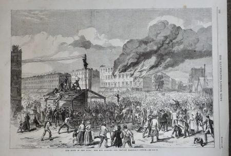 Antique Print, The Riots in New York: The Mob Burning The Provost Marshal's Office, 1863