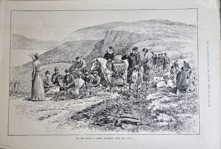 Antique Print, In the Moors, A Ladies Luncheon With the Guns, 1889