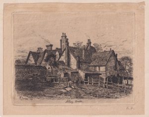 Antique Rare Original Engraving Print, Abbey House, signed by R. Furron 1880