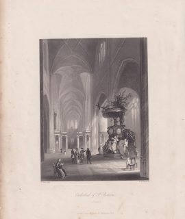 Antique Engraving Print, Cathedral of St. Bavon, Ghent Belgium, 1838