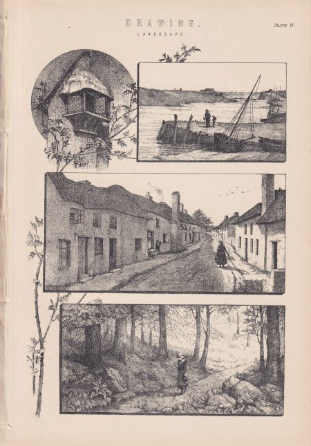 Antique Print, Drawing, Landscape, 1870
