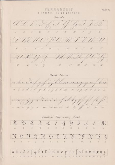 Antique Print, Penmanship, German handwriting, 1870
