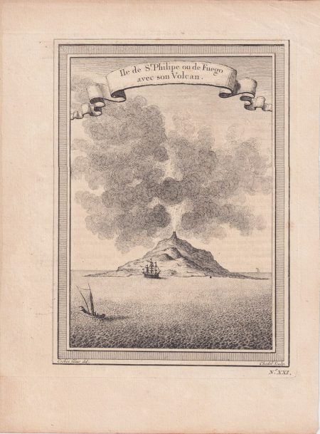 Antique Engraving Print, Ile de St. Philipe, ou de Fuego avec son Volcan, 1746