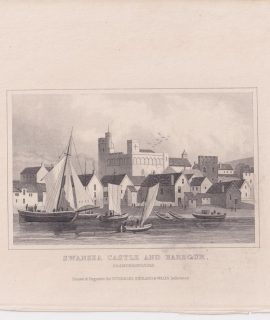 Antique Engraving Print, Swansea Castle and Harbour, Glamorganshire, 1820