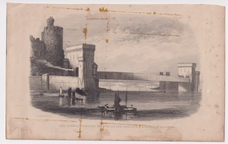 Antique Engraving Print, The Conway Tubular Bridge on the Chester e Holyhead Railway, 1830 ca.