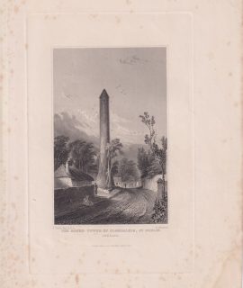 Antique Engraving Print, The Round Tower of Clondalkin, Dublin, 1844