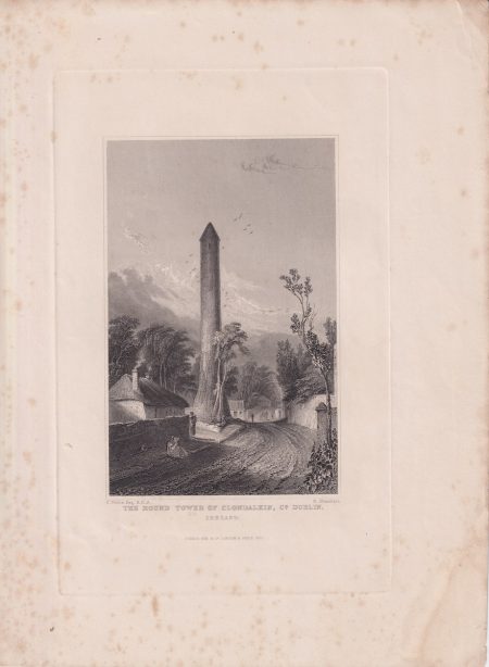 Antique Engraving Print, The Round Tower of Clondalkin, Dublin, 1844