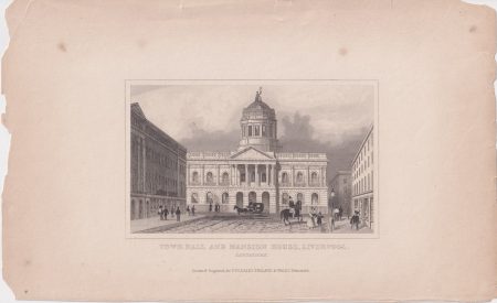 Antique Engraving print, Town Hall and Mansion House, Liverpool, 1820