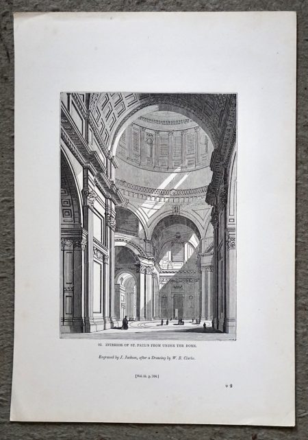 Antique Engraving Print, Interior of St. Paul's From Under the Dome, 1840 ca.