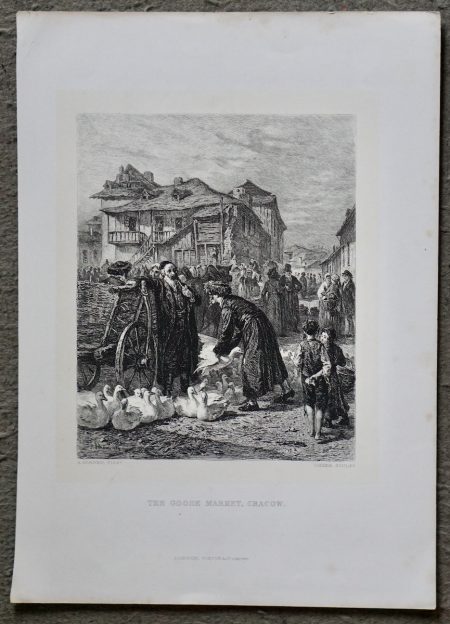 Antique Engraving Print, The Goose Market, Cracow, 1840 ca.