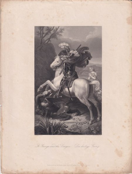 Antique Engraving Print, St. George and the Dragon, 1840 ca.