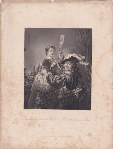Antique Engraving Print, Rembrandt and his Wife, 1840 ca.