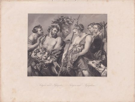 Antique Engraving Print, Satyrs and Nymphs, 1850