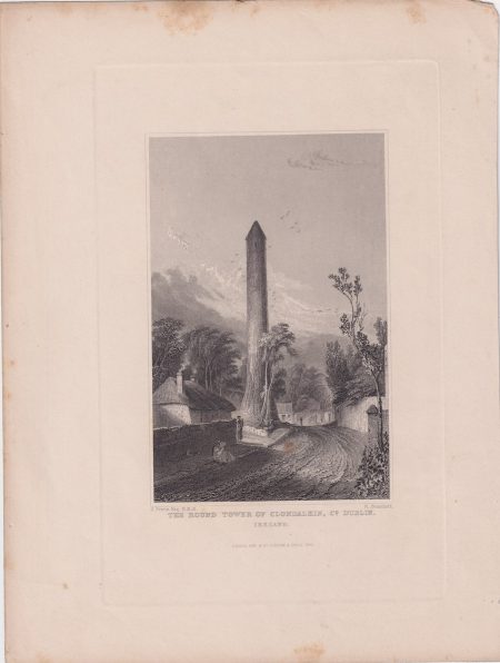 Antique Engraving Print, The round Tower of Clondalkin, Dublin, 1841