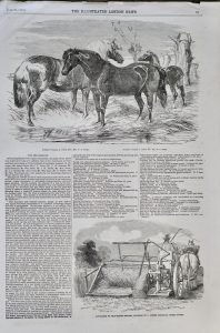 Antique Print, Ponies; Automaton or Self-raking reaper, 1853