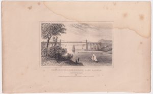 Antique Engraving Print, The Suspension Bridge, Near Bangor, 1830 ca.
