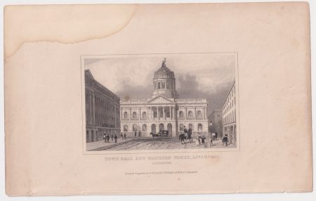 Antique Engraving Print, Town Hall and Mansion House, Liverpool, 1830 ca.