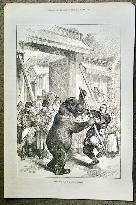 Antique Print, Performing Bear in a Russian Village, 1877