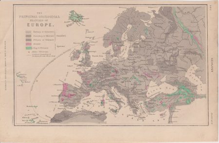 Antique Engraving Print, The Principal Geological features of Europe, 1874