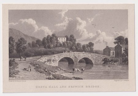 Antique Engraving Print, Greta Hall and Keswick Bridge, 1835