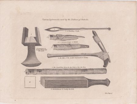 Antique Engraving Print, Various Instruments used by the Natives of Otaheite, 1793 ca.