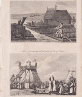 Antique Engraving print, Building & Rafts in Russia, 1829