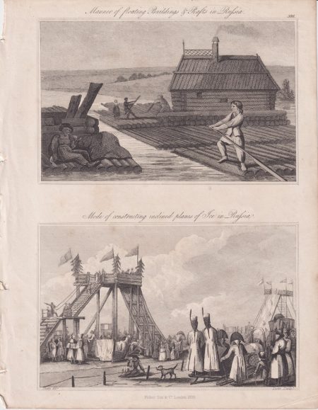 Antique Engraving print, Building & Rafts in Russia, 1829