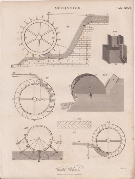 Antique Engraving Print, Water Wheels, 1816