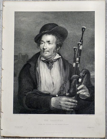 Antique Engraving Print, The Bagpiper, 1870