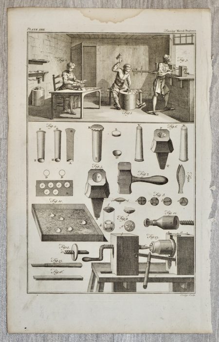 Antique Engraving Print, Metal Buttons, 1860