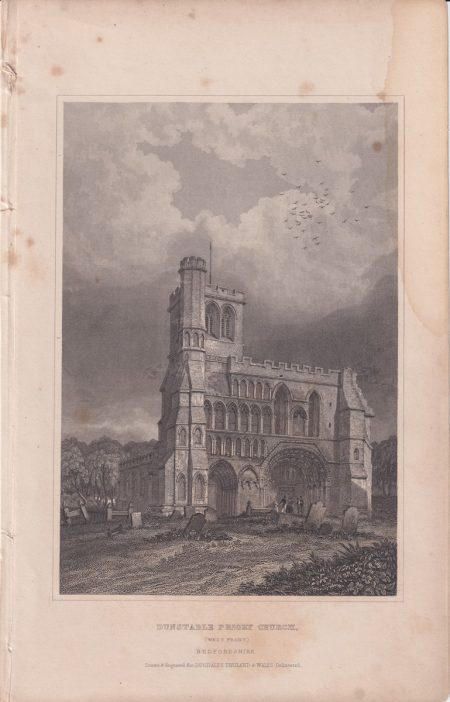 Antique Engraving Print, Dunstable Priory Church, 1840