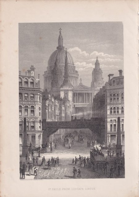 Antique Print, St. Paul's From Ludgate Circus, 1880