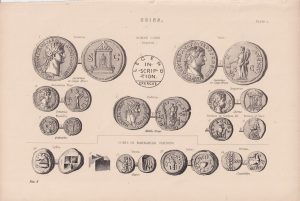 Antique Engraving Print, Coins, 1858 ca.
