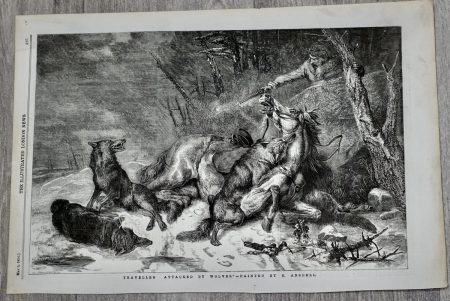 Antique print, Traveller Attacked by Wolves, 1854