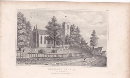 Antique Engraving Print, Harborne Church, 1840 ca.