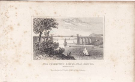 Antique Engraving Print, The Suspension Bridge, Near Bangor, 1830.