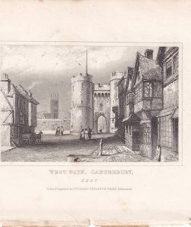 Antique Engraving Print, West Gate, Canterbury, 1840 ca.