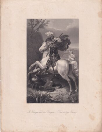 Antique Engraving Print, St. George and the Dragon, 1840 ca.
