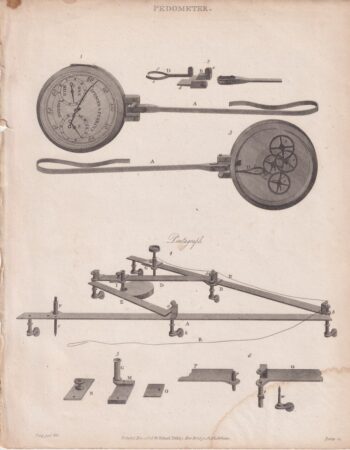 Antique Engraving Print, Pedometer, 1806