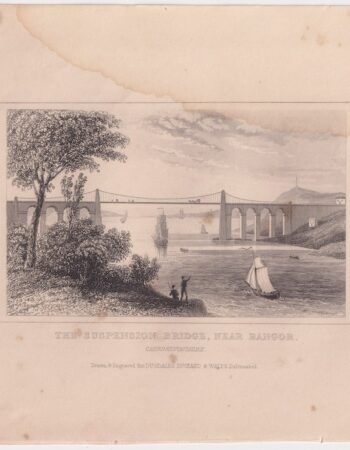 Antique Engraving Print, The Suspension Bridge, Near Bangor, 1830 ca.