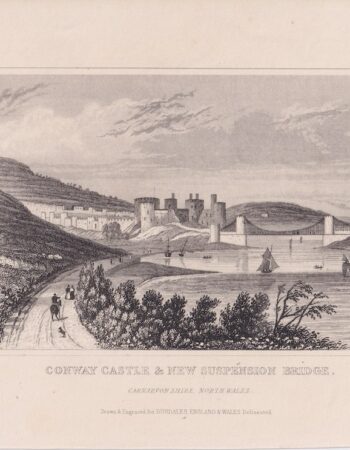 Antique Engraving Print, Conway Castle & New Suspension Bridge, 1820