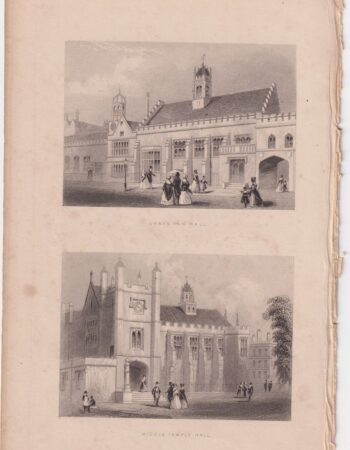 Antique Engraving Print, Gray's Inn Hall, Middle Temple Hall, 1820
