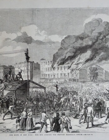 Antique Print, The Riots in New York: The Mob Burning The Provost Marshal's Office, 1863