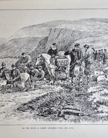 Antique Print, In the Moors, A Ladies Luncheon With the Guns, 1889